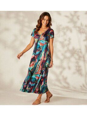 Soft Surroundings Blue Abstract Water Color Midi Dress size Large Festival boho